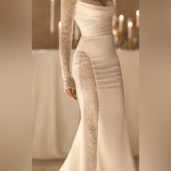 NEW $685 Time and Lace Elegant White Off-Shoulder Gown - Picture 3 of 7